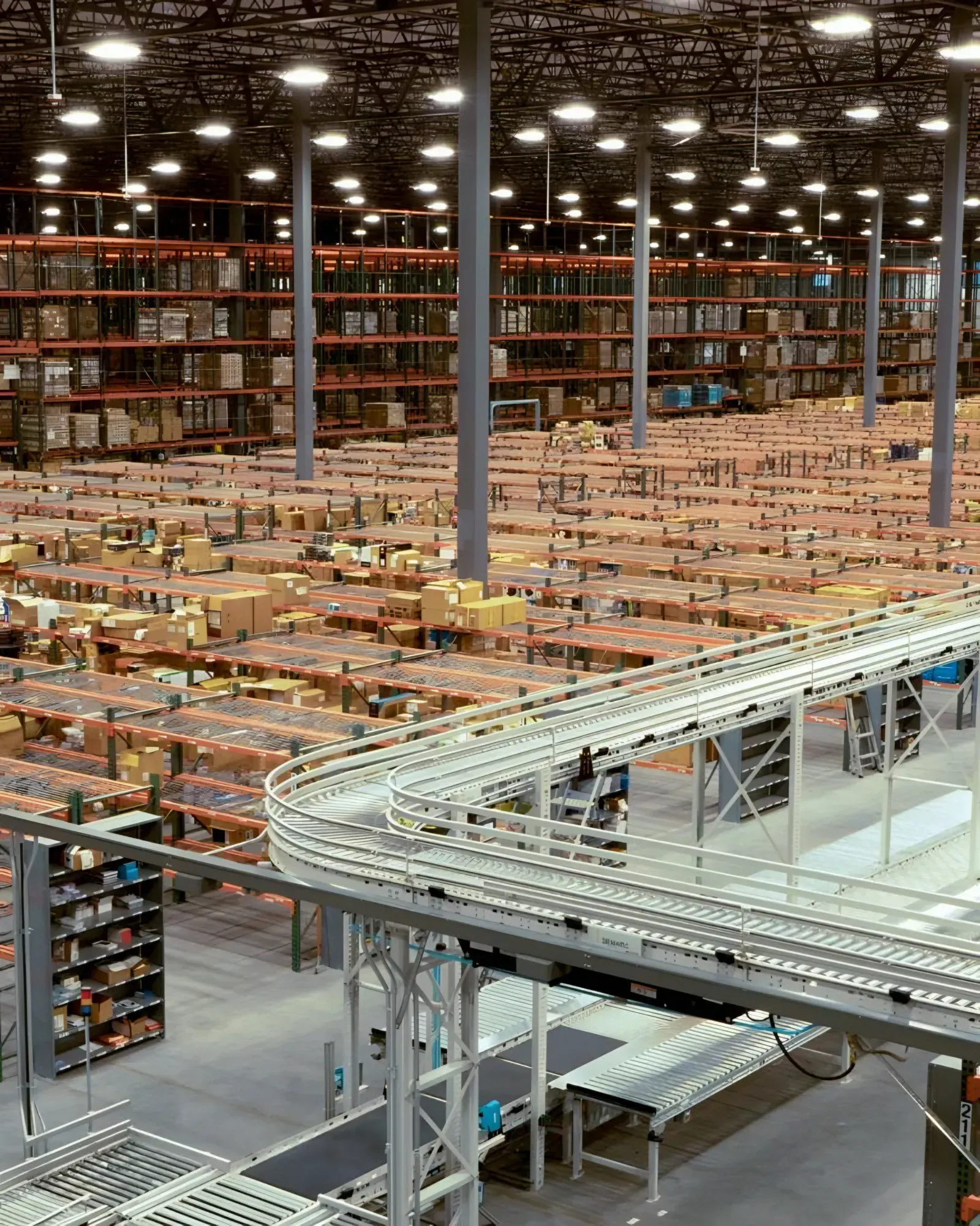 A powered conveyor curves past multi-level pallet racking inside a Fulfillment.com distribution center.